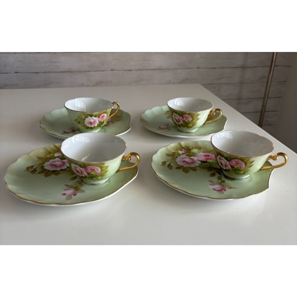 Vint Lefton Heritage Rose Green China Coffee Tea Cup Luncheon Plate Saucer Set 4